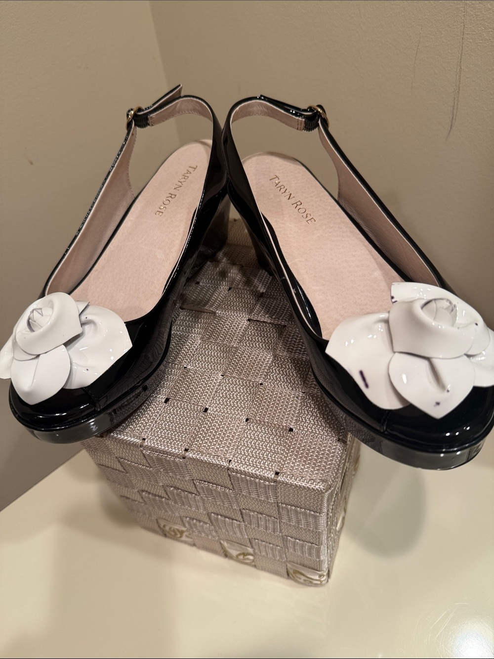 Taryn Rose Black Patent Slingback Wedges with White Floral Applique